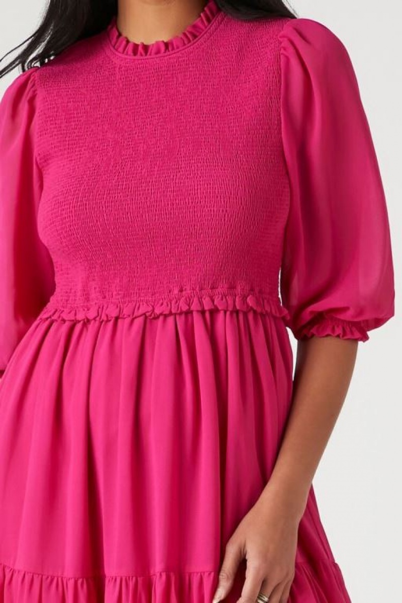 Vestido Forever 21 Smocked Chiffon Peasant Sleeve Mujer Berry | Q2xR17zZRJl