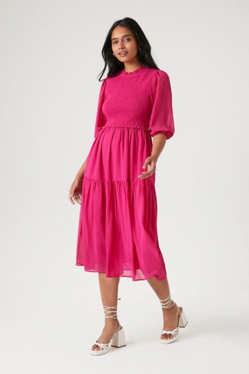 Vestido Forever 21 Smocked Chiffon Peasant Sleeve Mujer Berry | Q2xR17zZRJl