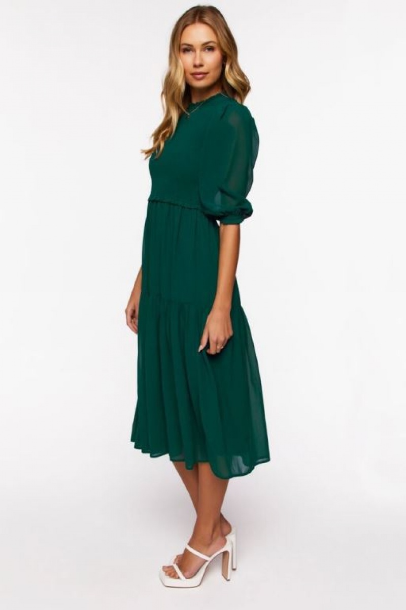 Vestido Forever 21 Smocked Chiffon Peasant Sleeve Mujer Verde | WSrWvhGTNcK