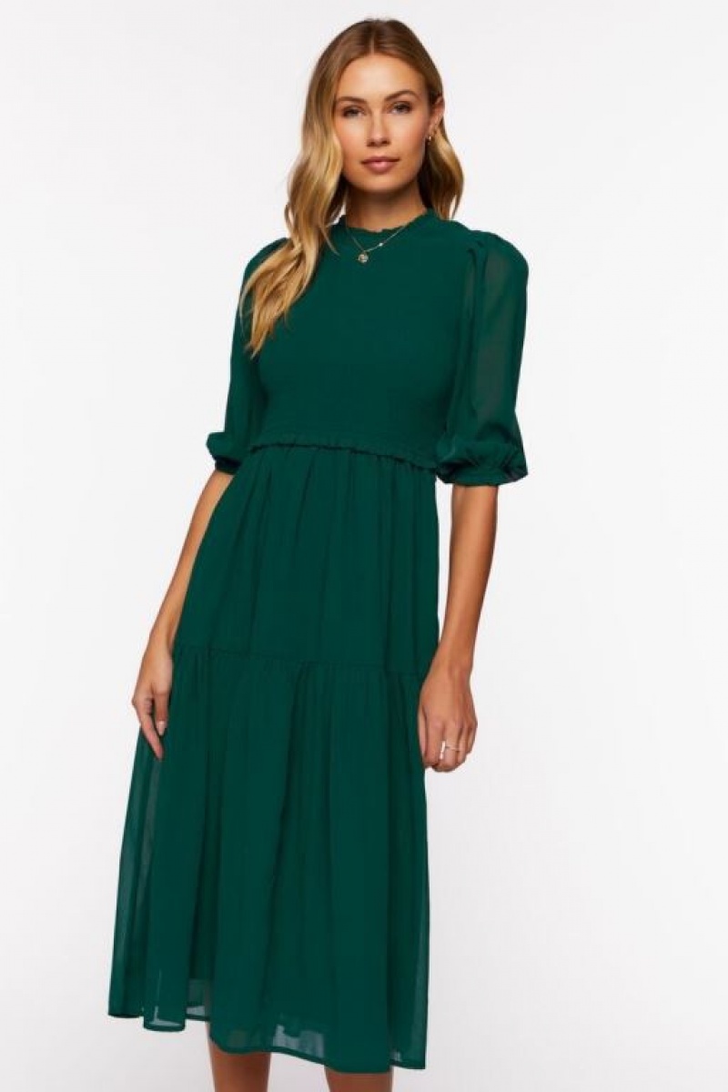 Vestido Forever 21 Smocked Chiffon Peasant Sleeve Mujer Verde | WSrWvhGTNcK