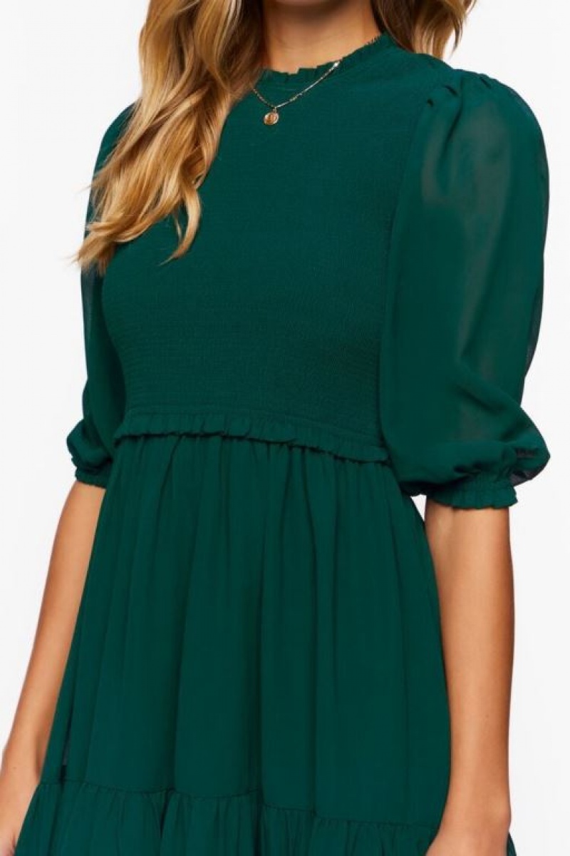 Vestido Forever 21 Smocked Chiffon Peasant Sleeve Mujer Verde | WSrWvhGTNcK