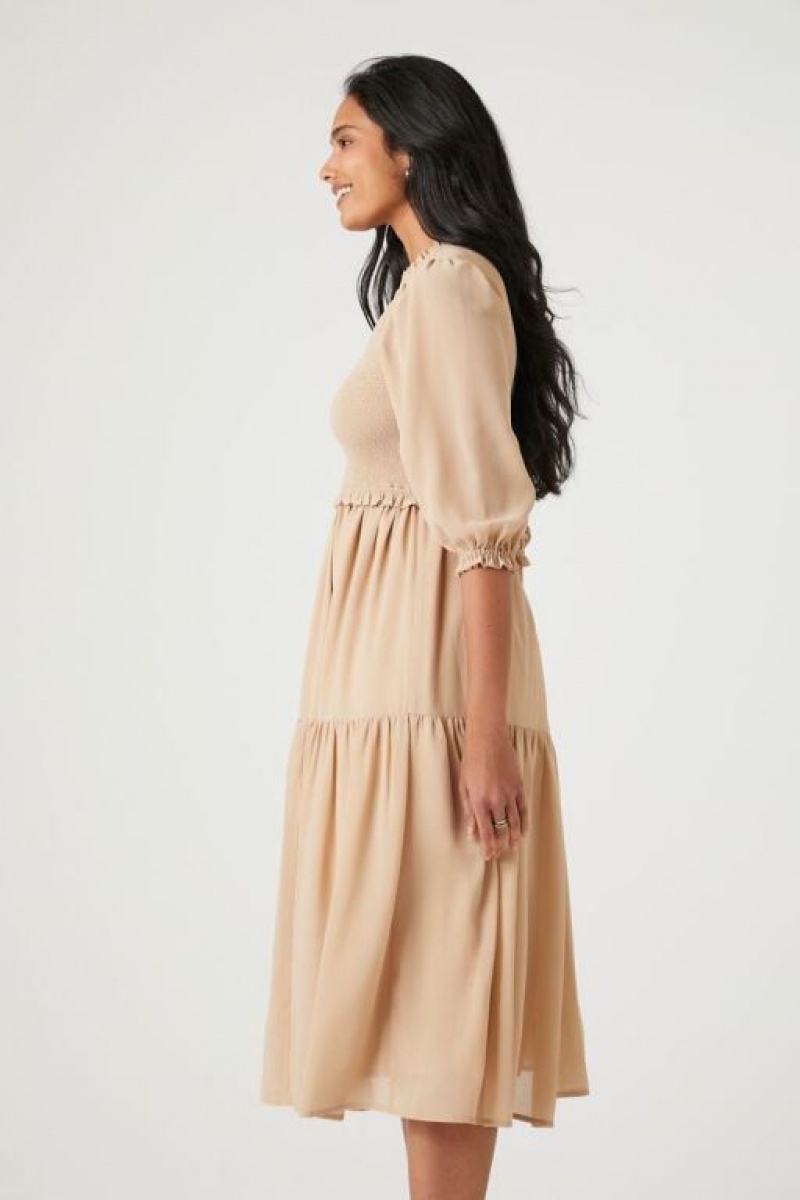 Vestido Forever 21 Smocked Chiffon Peasant Sleeve Mujer Sandshell | LjBVNgFIRiP