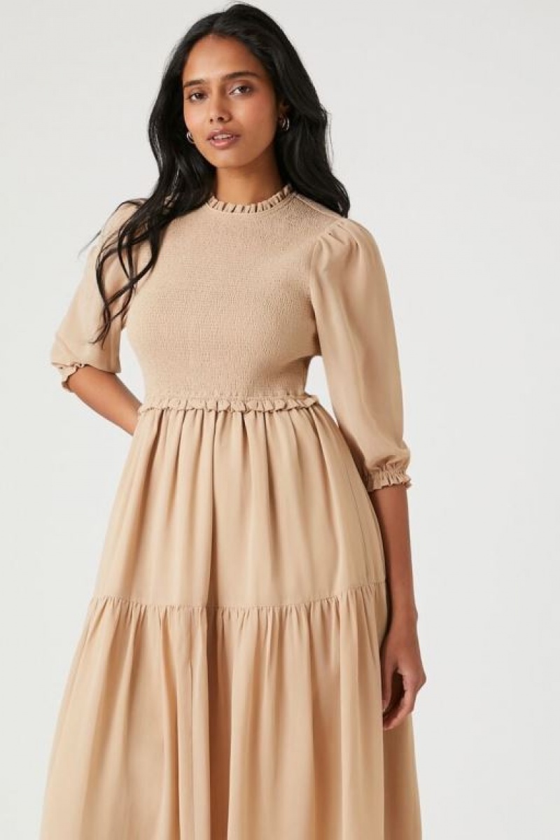 Vestido Forever 21 Smocked Chiffon Peasant Sleeve Mujer Sandshell | LjBVNgFIRiP