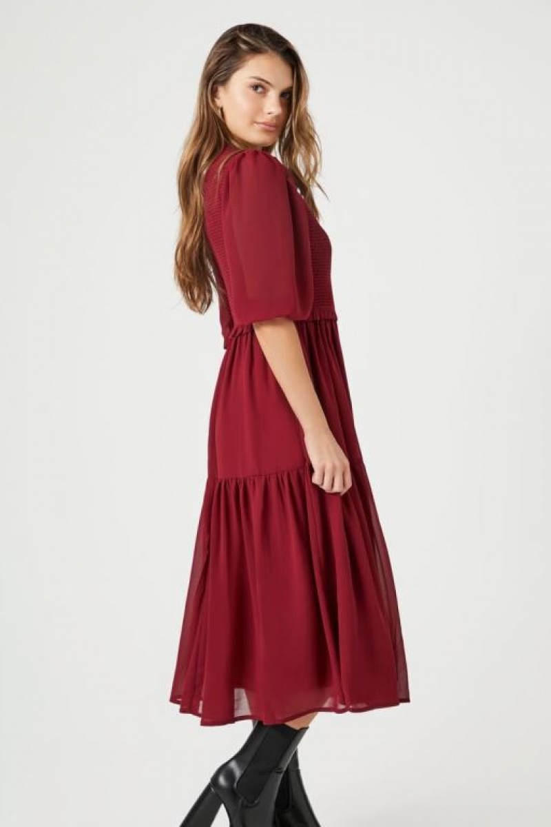 Vestido Forever 21 Smocked Chiffon Peasant Sleeve Mujer Burdeos | DfJRZyBZ8IO