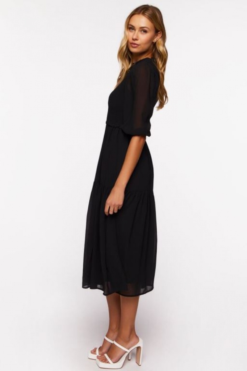 Vestido Forever 21 Smocked Chiffon Peasant Sleeve Mujer Negras | kdBojUjgtAo