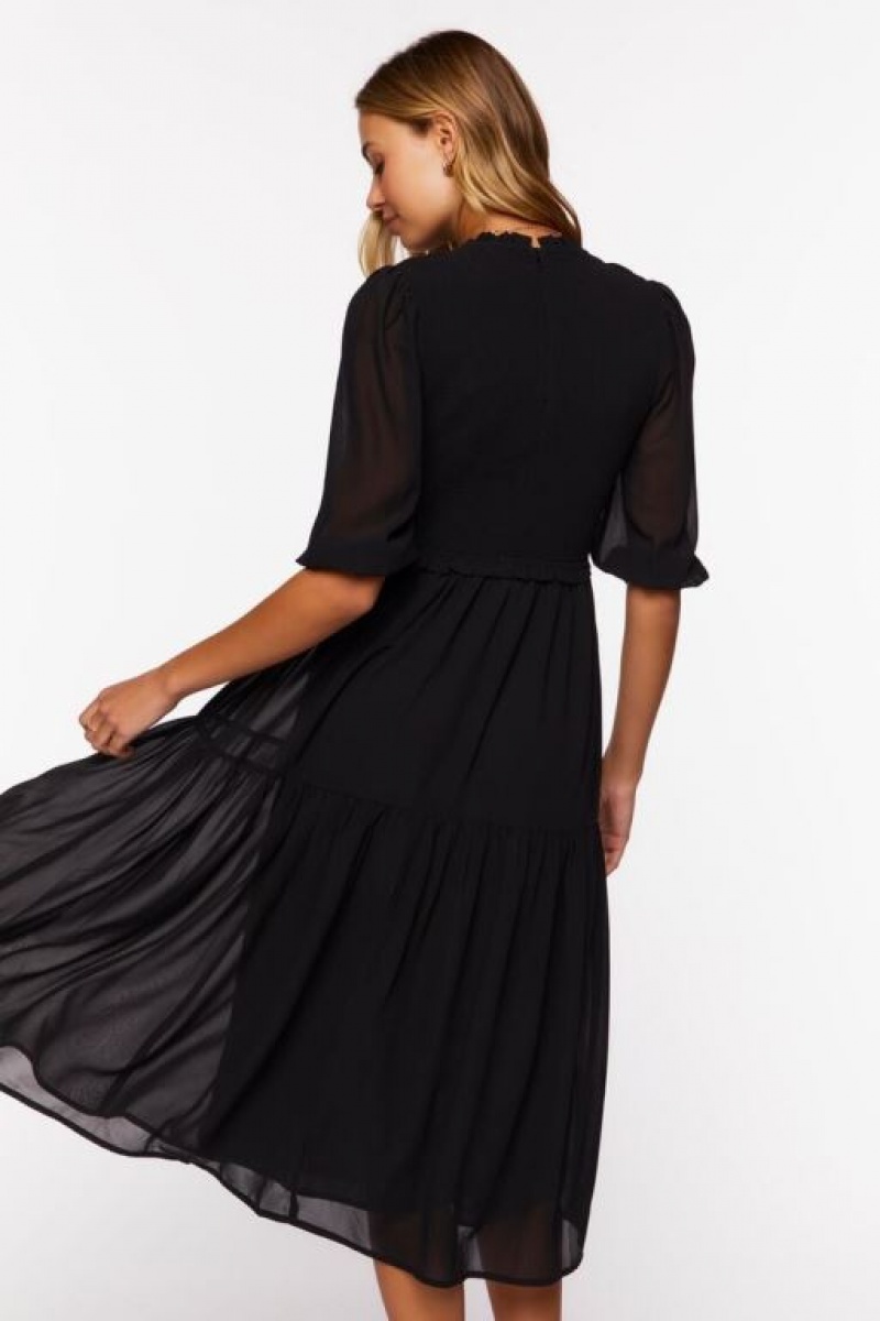 Vestido Forever 21 Smocked Chiffon Peasant Sleeve Mujer Negras | kdBojUjgtAo