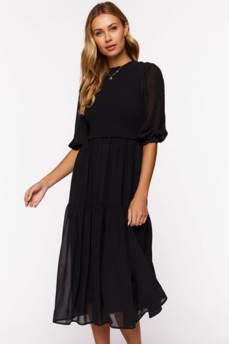 Vestido Forever 21 Smocked Chiffon Peasant Sleeve Mujer Negras | kdBojUjgtAo