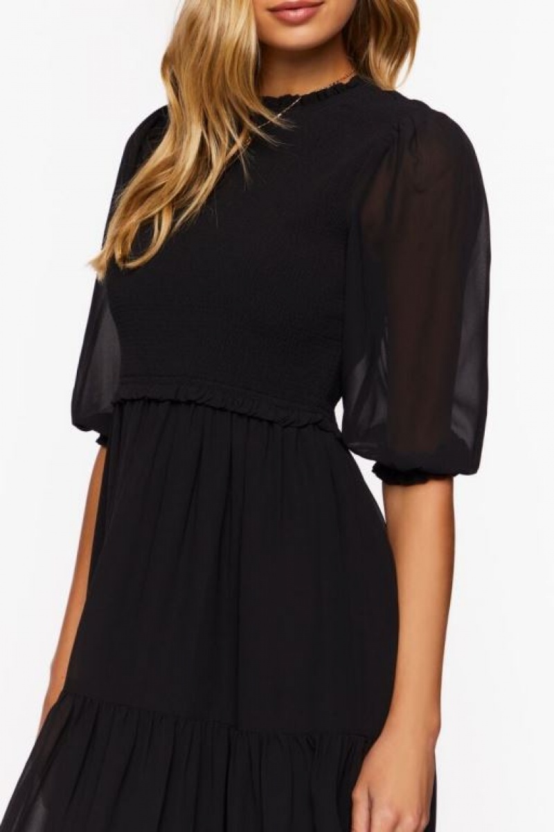 Vestido Forever 21 Smocked Chiffon Peasant Sleeve Mujer Negras | kdBojUjgtAo