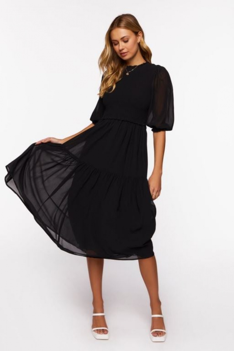 Vestido Forever 21 Smocked Chiffon Peasant Sleeve Mujer Negras | kdBojUjgtAo