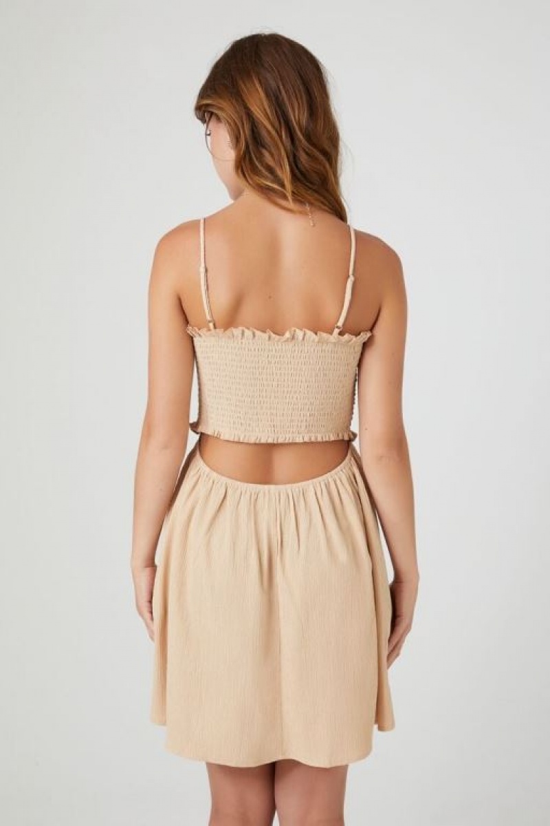 Vestido Forever 21 Smocked Cutout Mini Mujer Beige | 5rKwnywvlKn