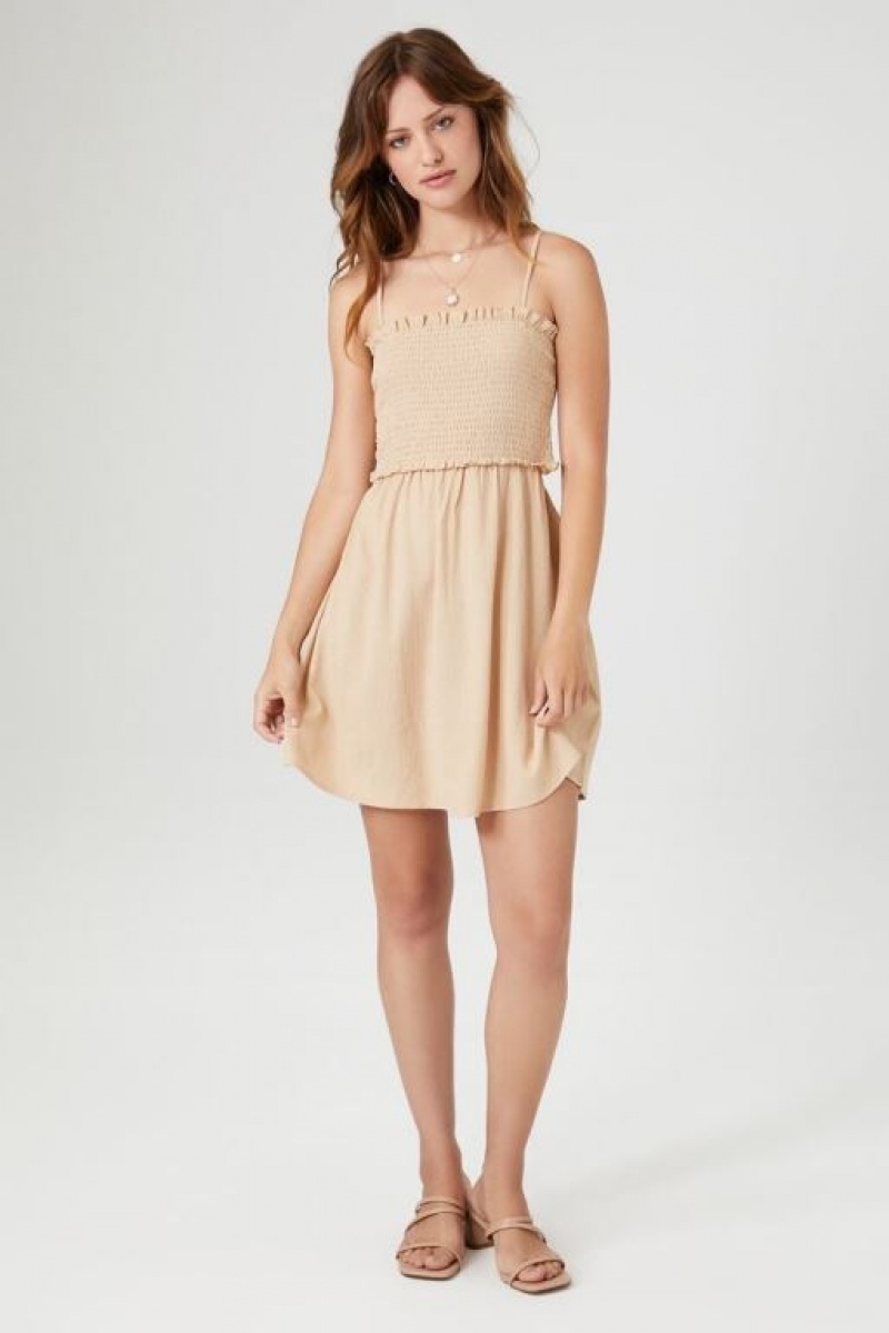 Vestido Forever 21 Smocked Cutout Mini Mujer Beige | 5rKwnywvlKn