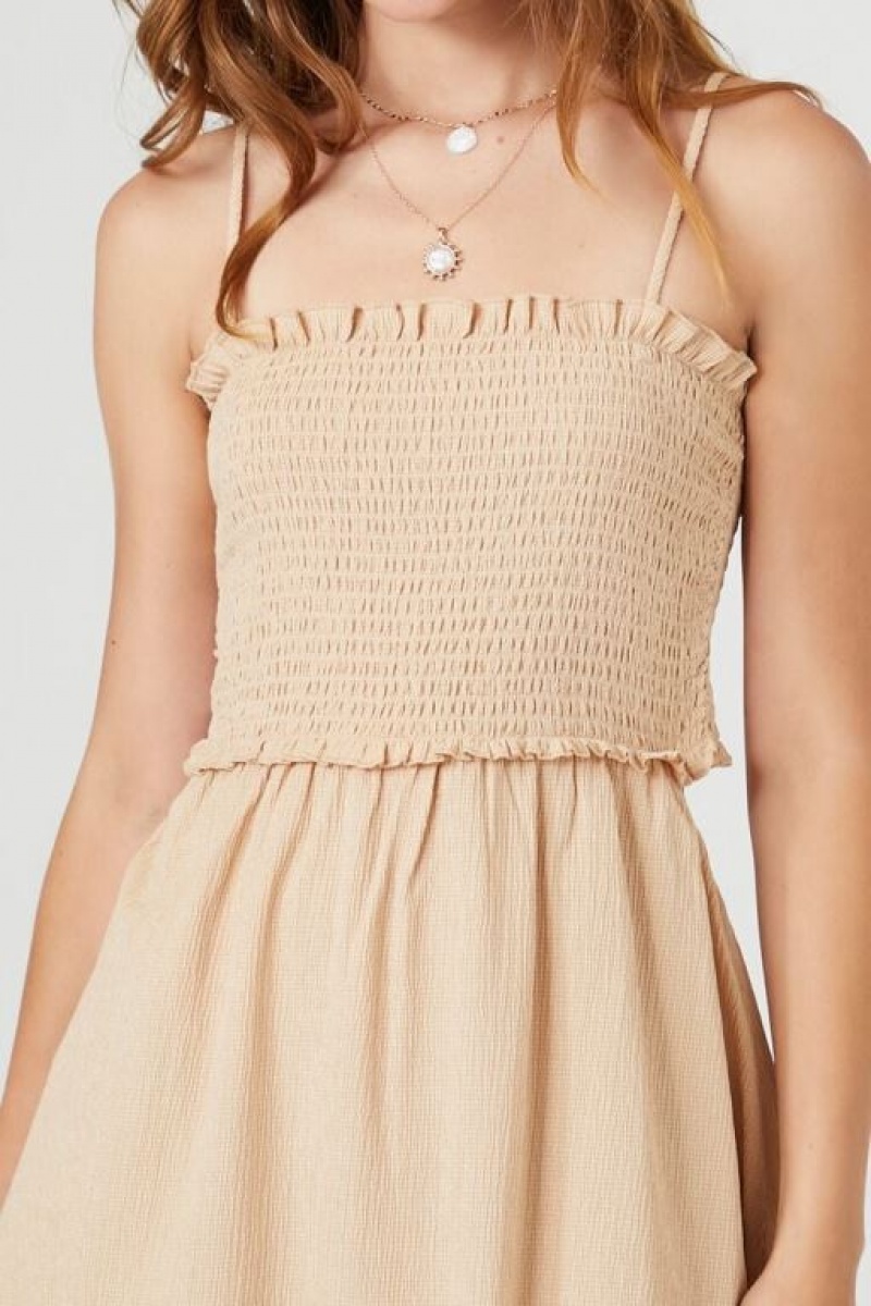 Vestido Forever 21 Smocked Cutout Mini Mujer Beige | 5rKwnywvlKn