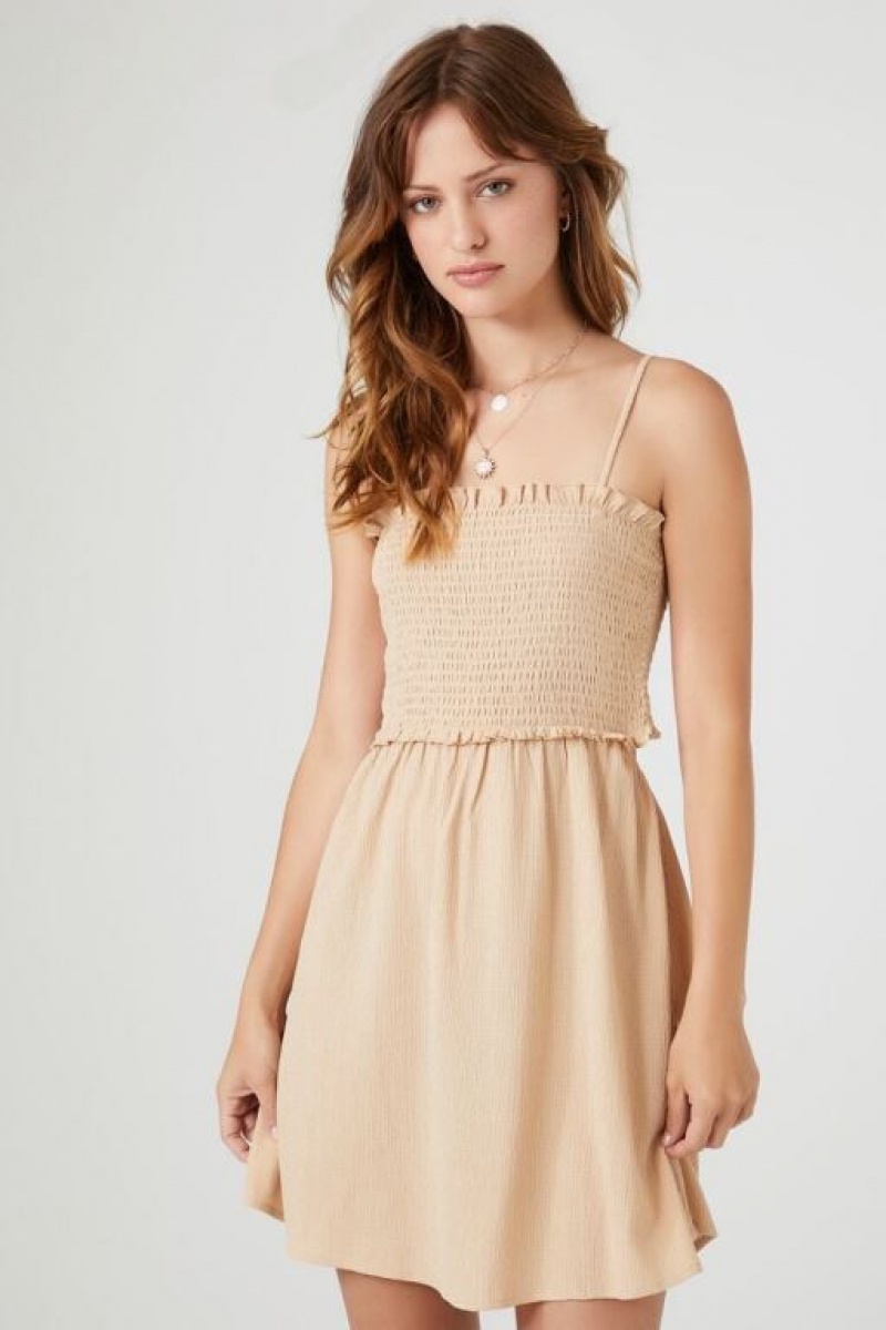 Vestido Forever 21 Smocked Cutout Mini Mujer Beige | 5rKwnywvlKn