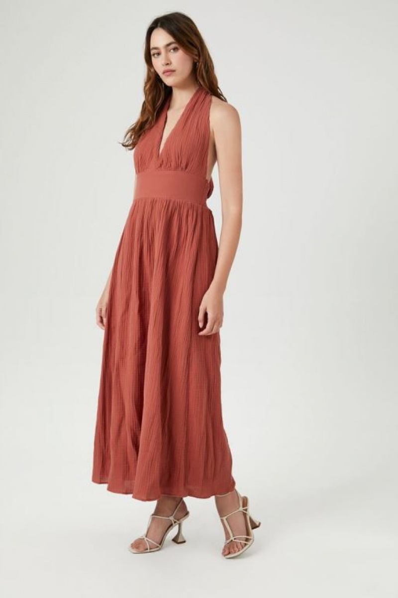 Vestido Forever 21 Smocked Halter Maxi Mujer Clay | uEsHW5KHA0d