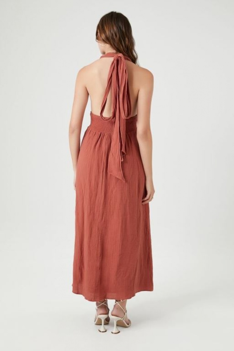 Vestido Forever 21 Smocked Halter Maxi Mujer Clay | uEsHW5KHA0d