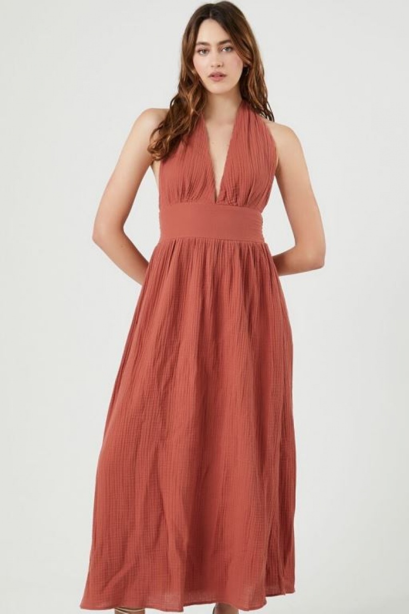 Vestido Forever 21 Smocked Halter Maxi Mujer Clay | uEsHW5KHA0d