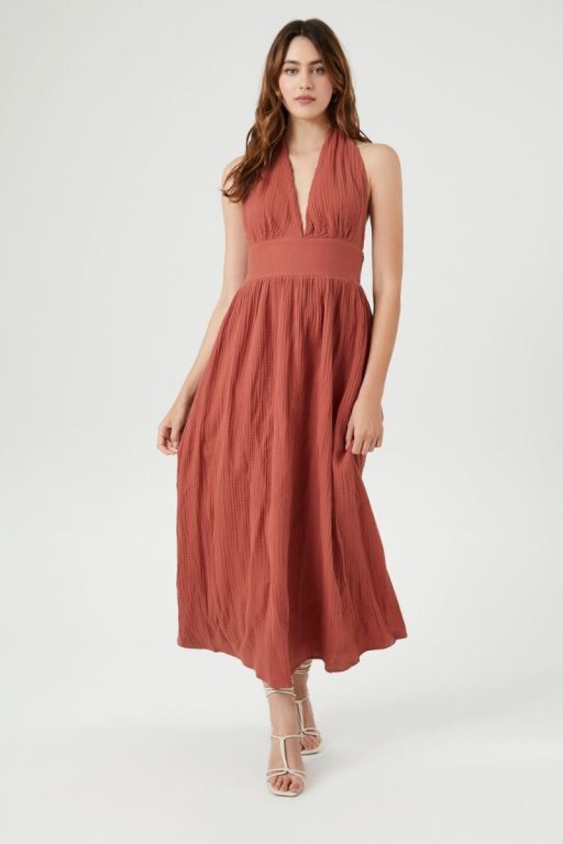 Vestido Forever 21 Smocked Halter Maxi Mujer Clay | uEsHW5KHA0d