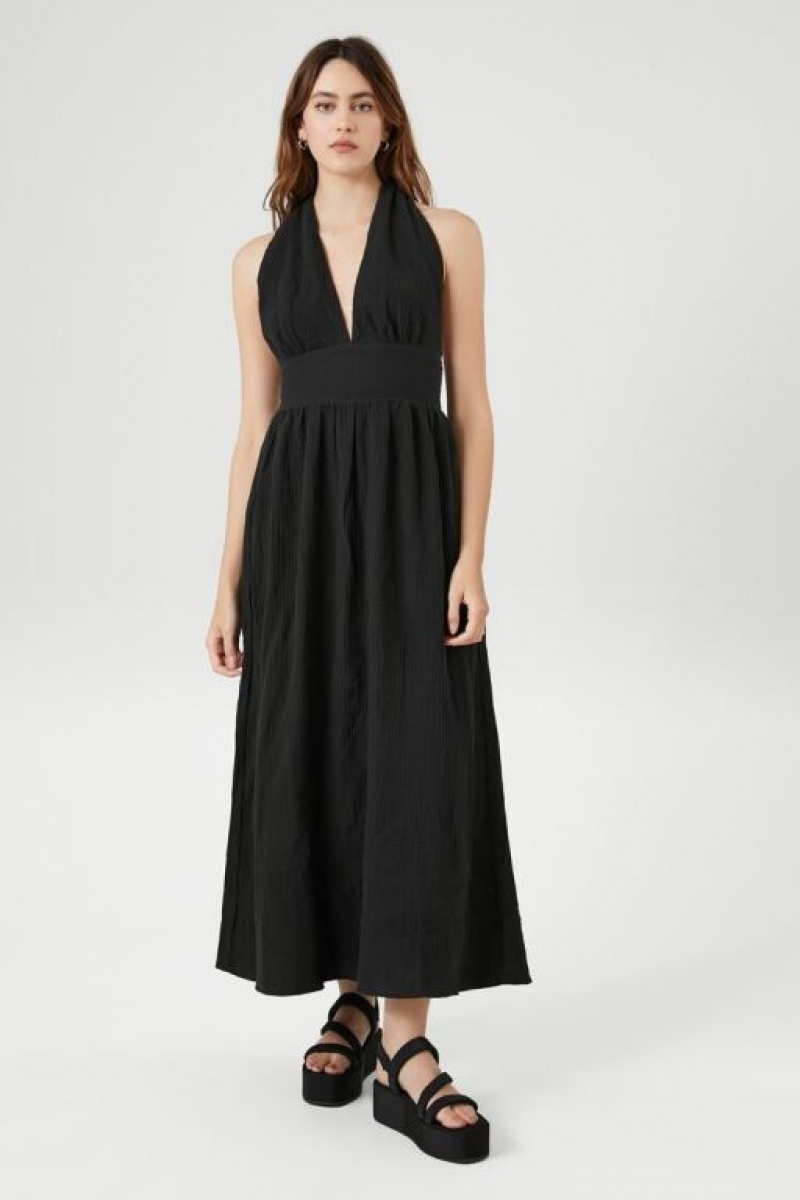 Vestido Forever 21 Smocked Halter Maxi Mujer Negras | I4L1eqK1DS7