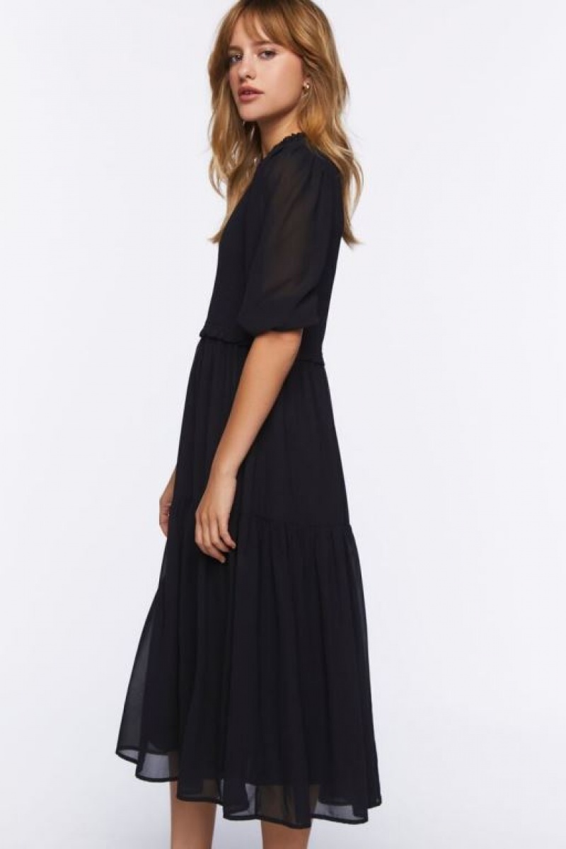 Vestido Forever 21 Smocked Peasant Sleeve Mujer Negras | gyQd9ekAuj7