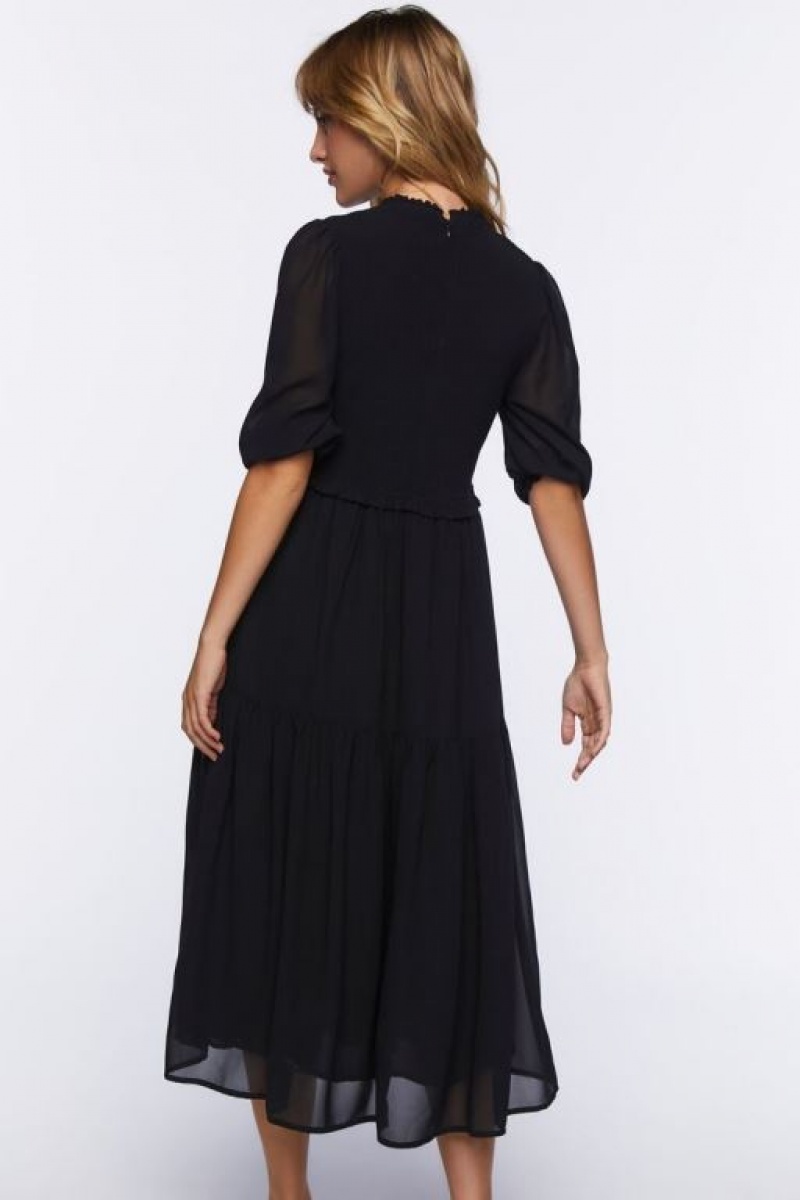 Vestido Forever 21 Smocked Peasant Sleeve Mujer Negras | gyQd9ekAuj7