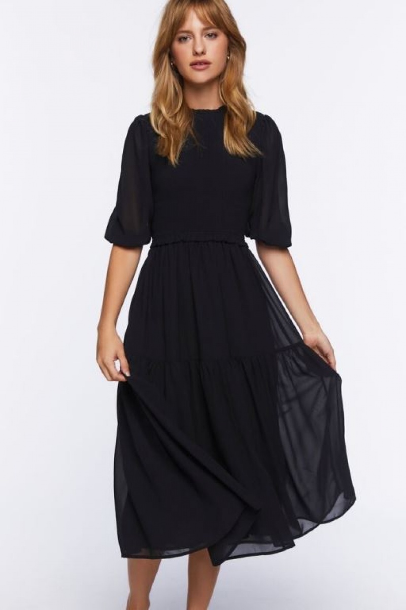 Vestido Forever 21 Smocked Peasant Sleeve Mujer Negras | gyQd9ekAuj7