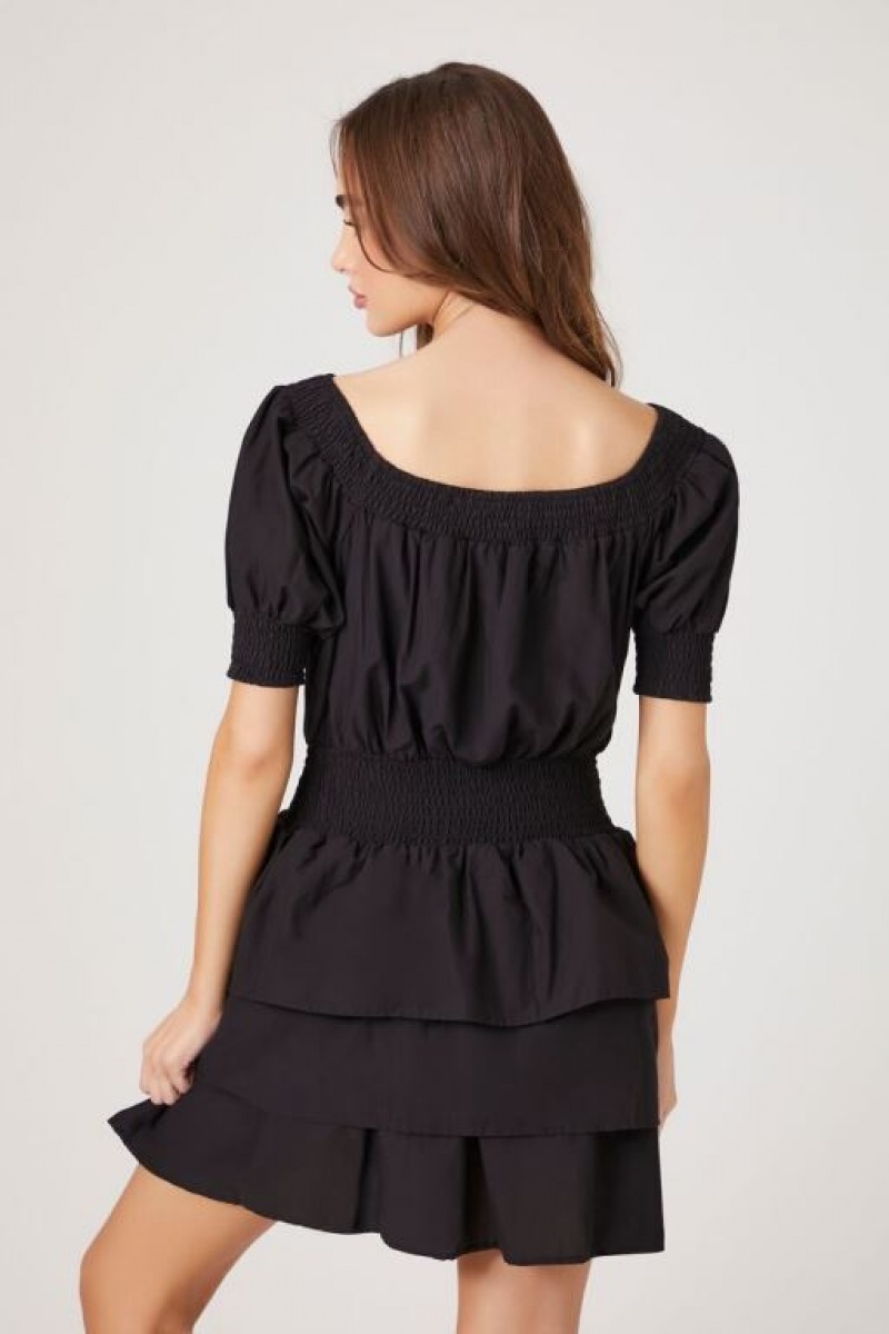 Vestido Forever 21 Smocked Puff Sleeve Mini Mujer Negras | lT0ZIxYMH5L