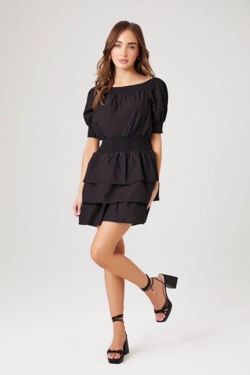 Vestido Forever 21 Smocked Puff Sleeve Mini Mujer Negras | lT0ZIxYMH5L