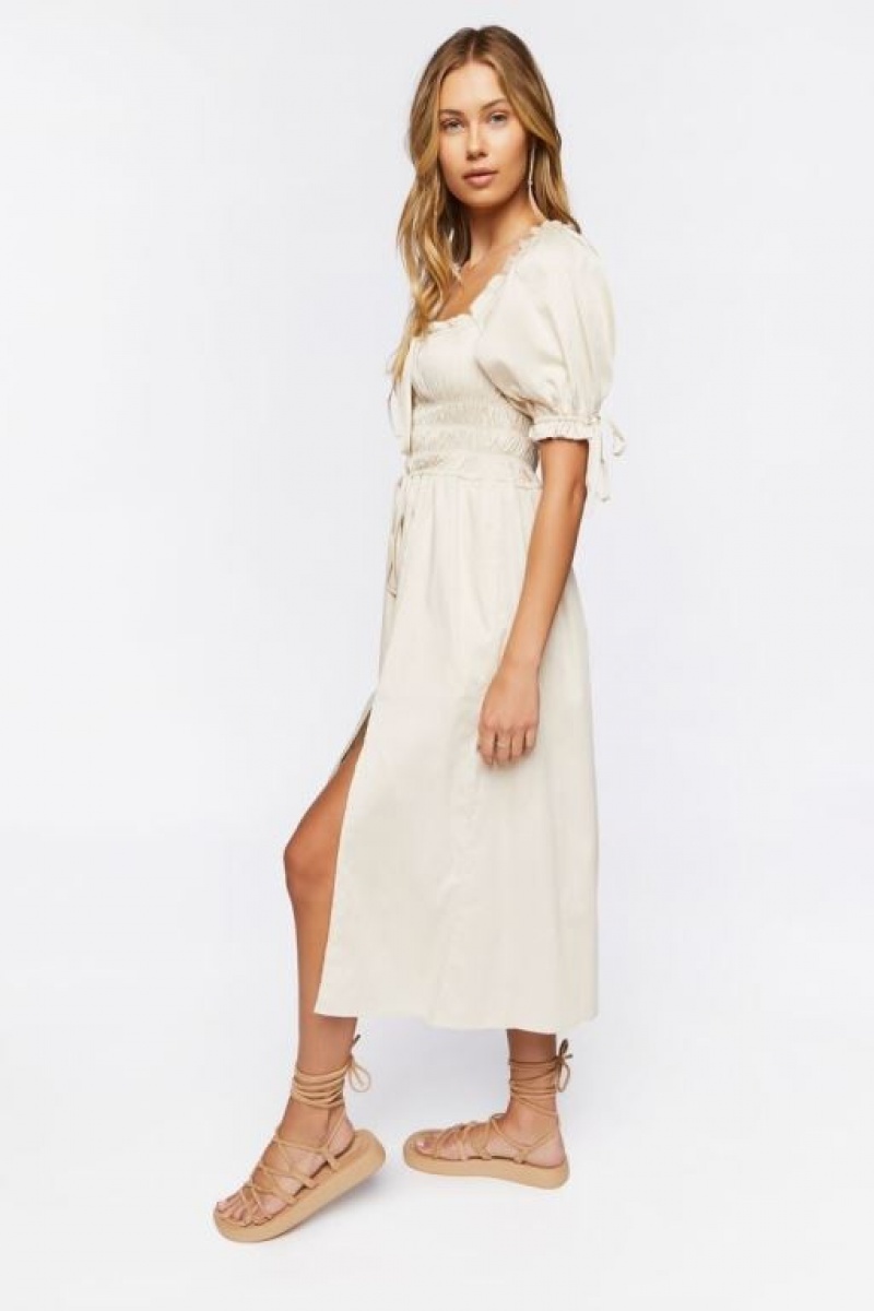 Vestido Forever 21 Smocked Puff Sleeve Midi Mujer Sandshell | u2gctHMoYfm