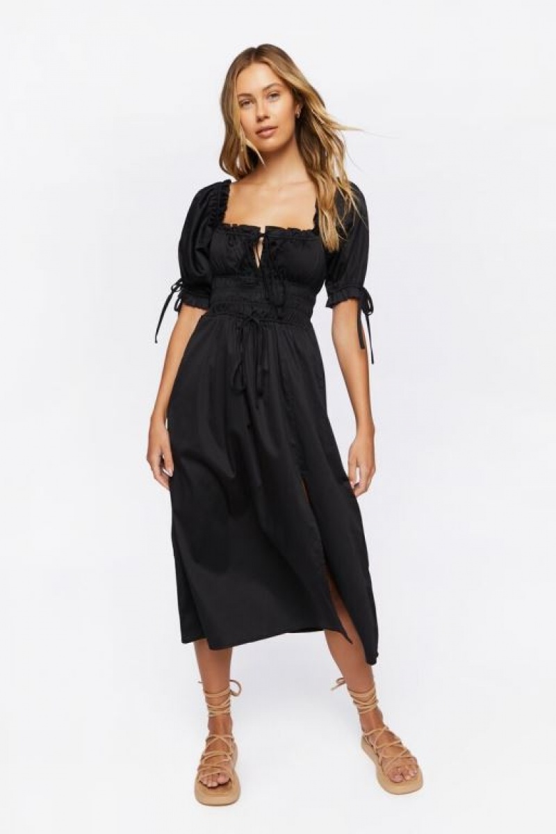 Vestido Forever 21 Smocked Puff Sleeve Midi Mujer Negras | LrXfGj99lnU