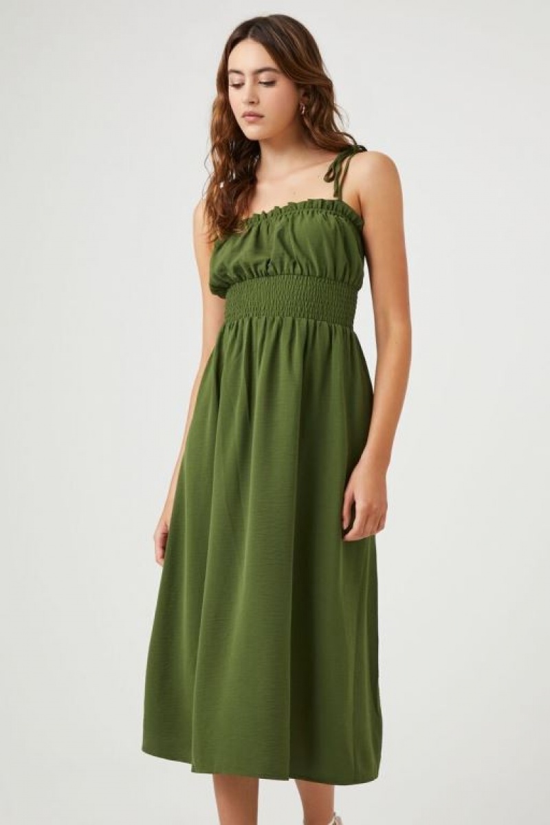 Vestido Forever 21 Smocked Tie Strap Midi Mujer Gris Verde | Pxs7lXaK4MC