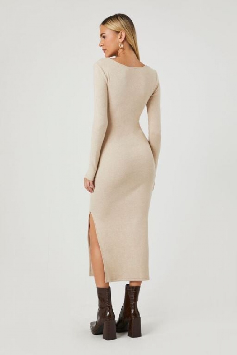 Vestido Forever 21 Square Neck Slit Midi Mujer Gris Marrones | flTxRlGOyGM