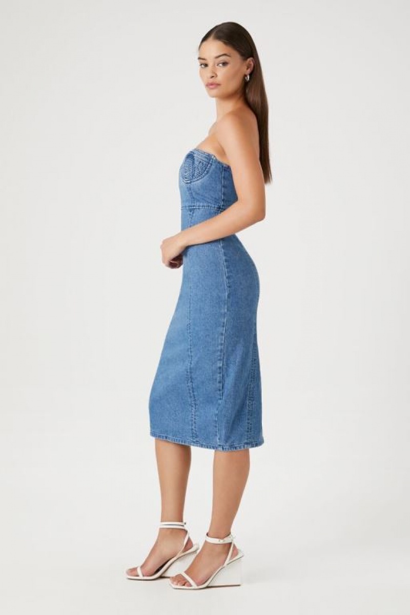 Vestido Forever 21 Strapless Denim Midi Mujer Azules | Dc10NXdKcOH