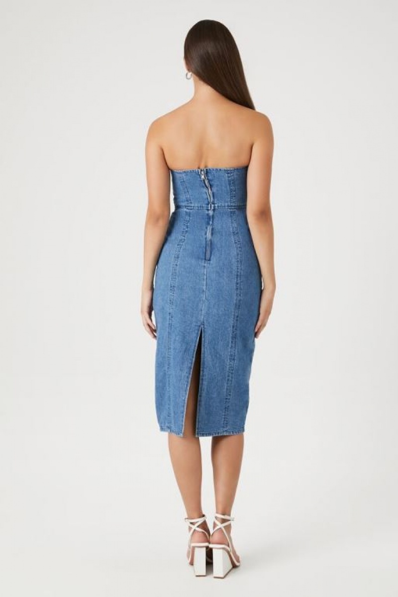 Vestido Forever 21 Strapless Denim Midi Mujer Azules | Dc10NXdKcOH