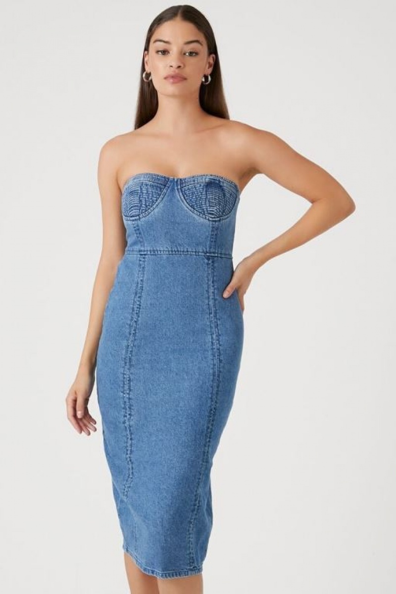 Vestido Forever 21 Strapless Denim Midi Mujer Azules | Dc10NXdKcOH