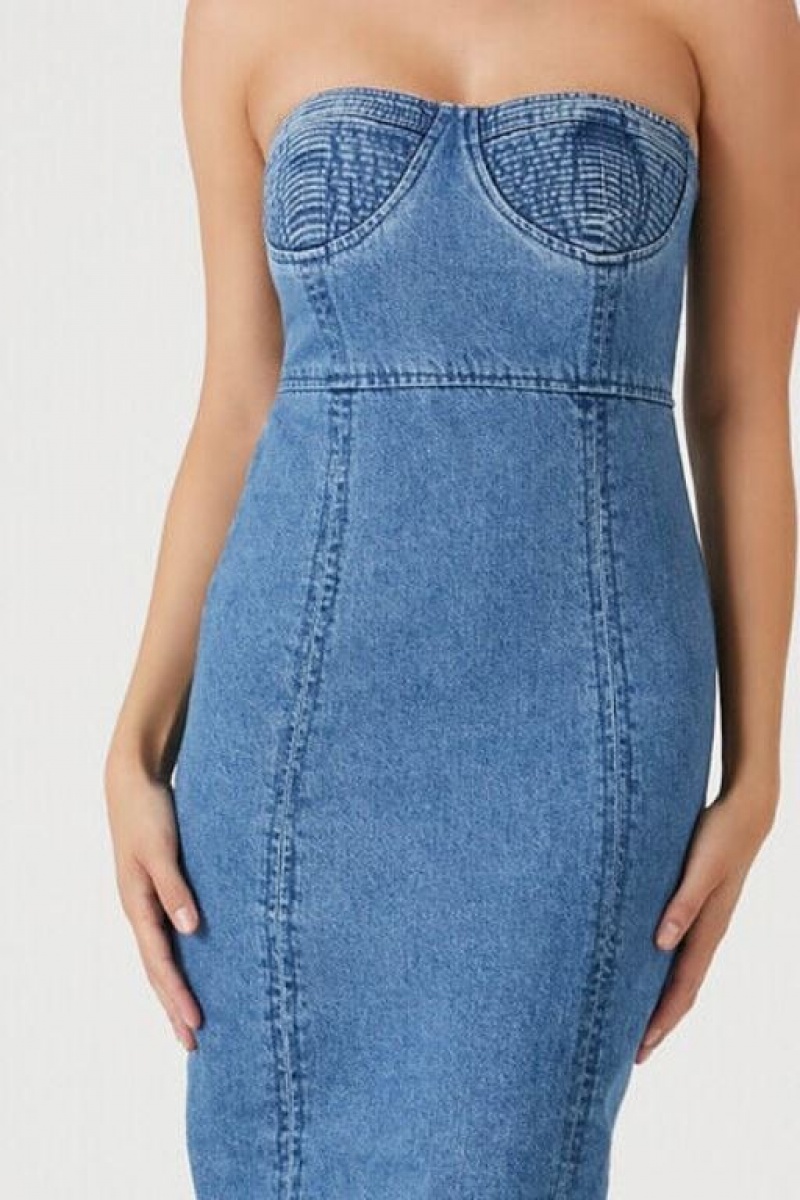 Vestido Forever 21 Strapless Denim Midi Mujer Azules | Dc10NXdKcOH