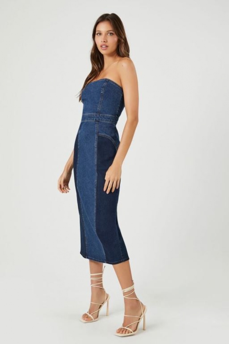 Vestido Forever 21 Strapless Denim Midi Mujer Azules Oscuro | ZNCDvW5Inn4