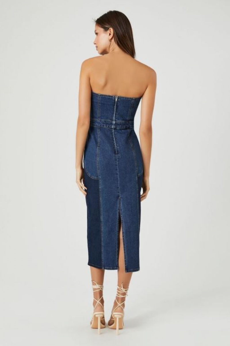 Vestido Forever 21 Strapless Denim Midi Mujer Azules Oscuro | ZNCDvW5Inn4