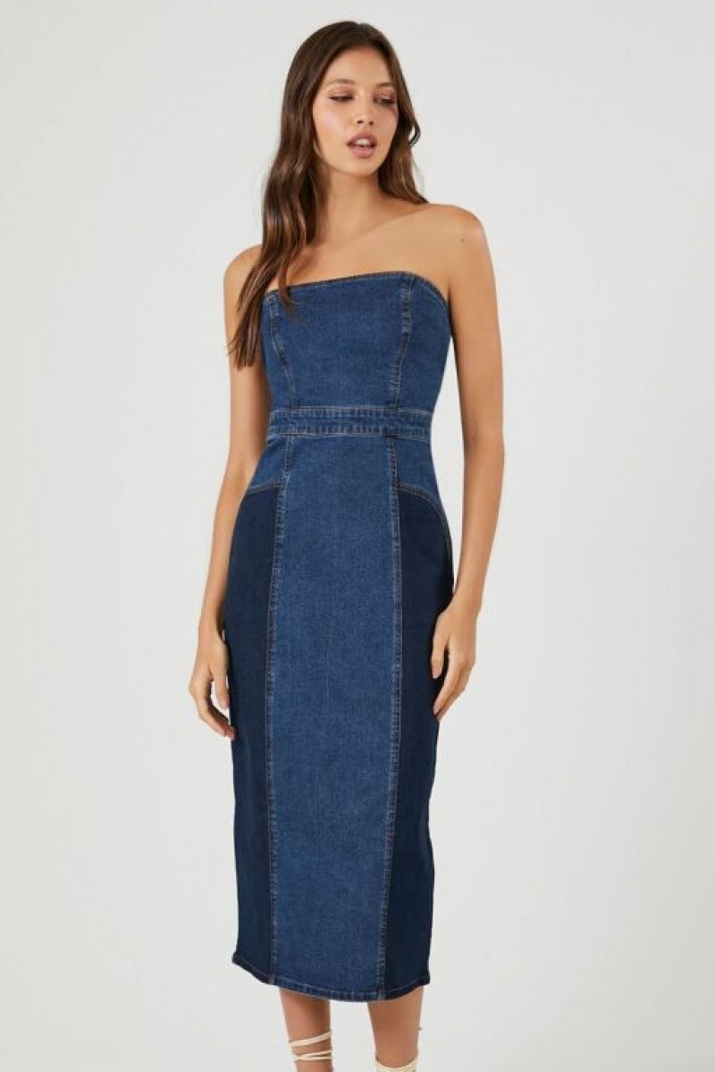 Vestido Forever 21 Strapless Denim Midi Mujer Azules Oscuro | ZNCDvW5Inn4