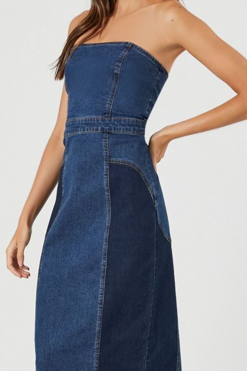 Vestido Forever 21 Strapless Denim Midi Mujer Azules Oscuro | ZNCDvW5Inn4