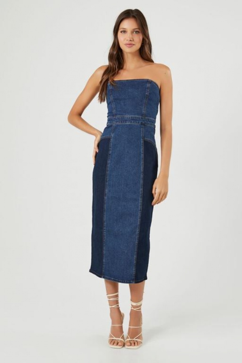 Vestido Forever 21 Strapless Denim Midi Mujer Azules Oscuro | ZNCDvW5Inn4