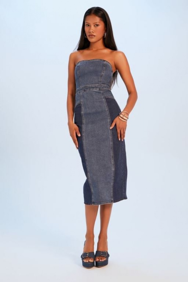 Vestido Forever 21 Strapless Denim Midi Mujer Azules Oscuro | ZNCDvW5Inn4