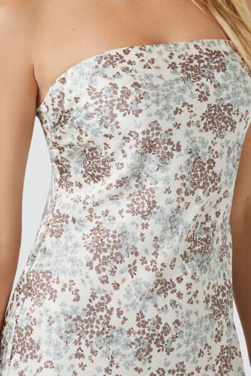 Vestido Forever 21 Strapless Floral Print Mini Mujer Azules Creme | OAH2d9IcgAc