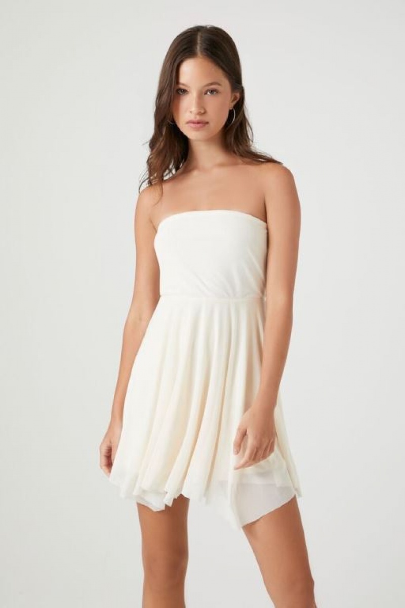 Vestido Forever 21 Strapless Handkerchief Mini Mujer Creme | cqa6cnTRn2N