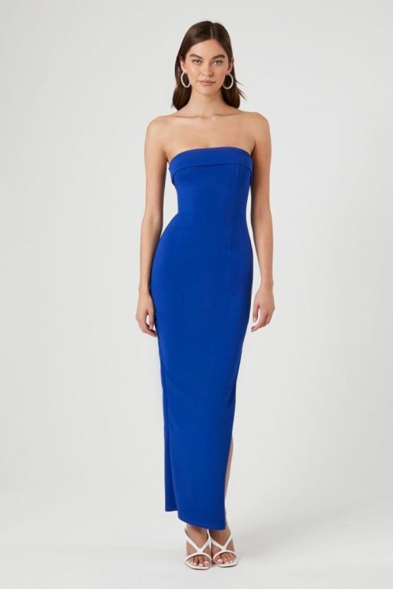 Vestido Forever 21 Strapless Leg Slit Maxi Mujer Azul Real Azules | ZBdb6zrBZHx