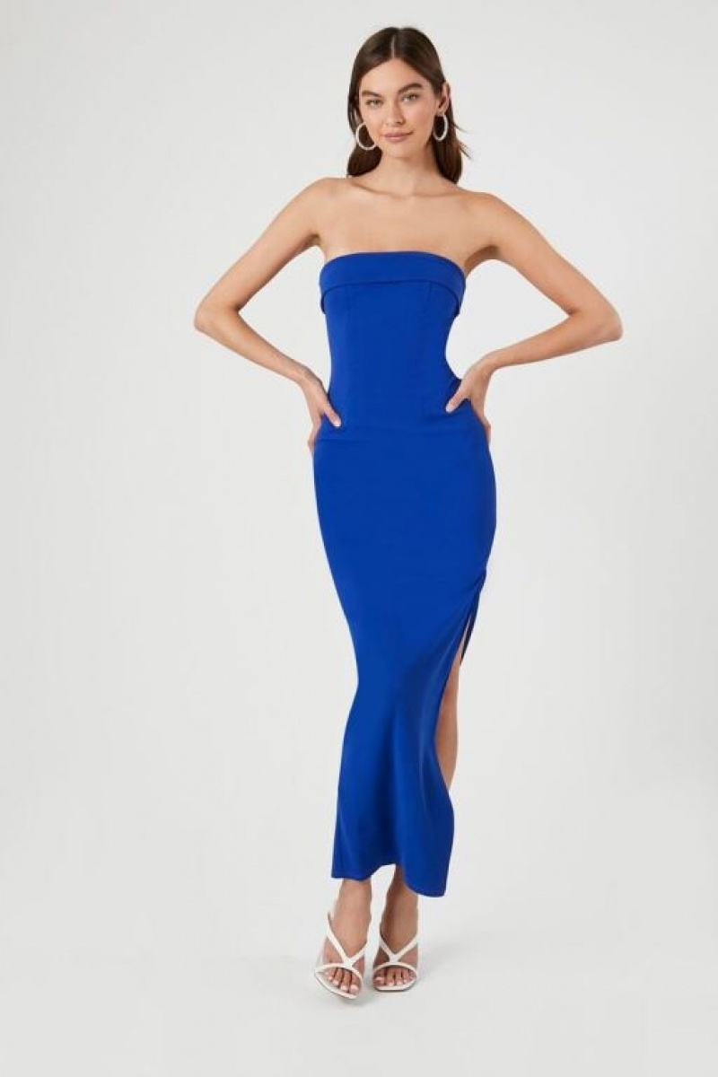 Vestido Forever 21 Strapless Leg Slit Maxi Mujer Azul Real Azules | ZBdb6zrBZHx