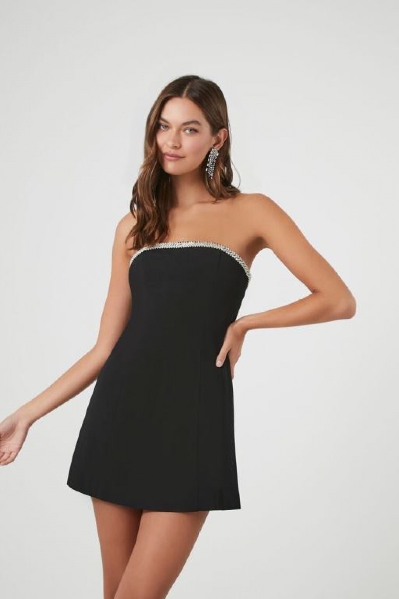 Vestido Forever 21 Strapless Rhinestone Mini Mujer Negras Plateadas | CwUDntymVh3