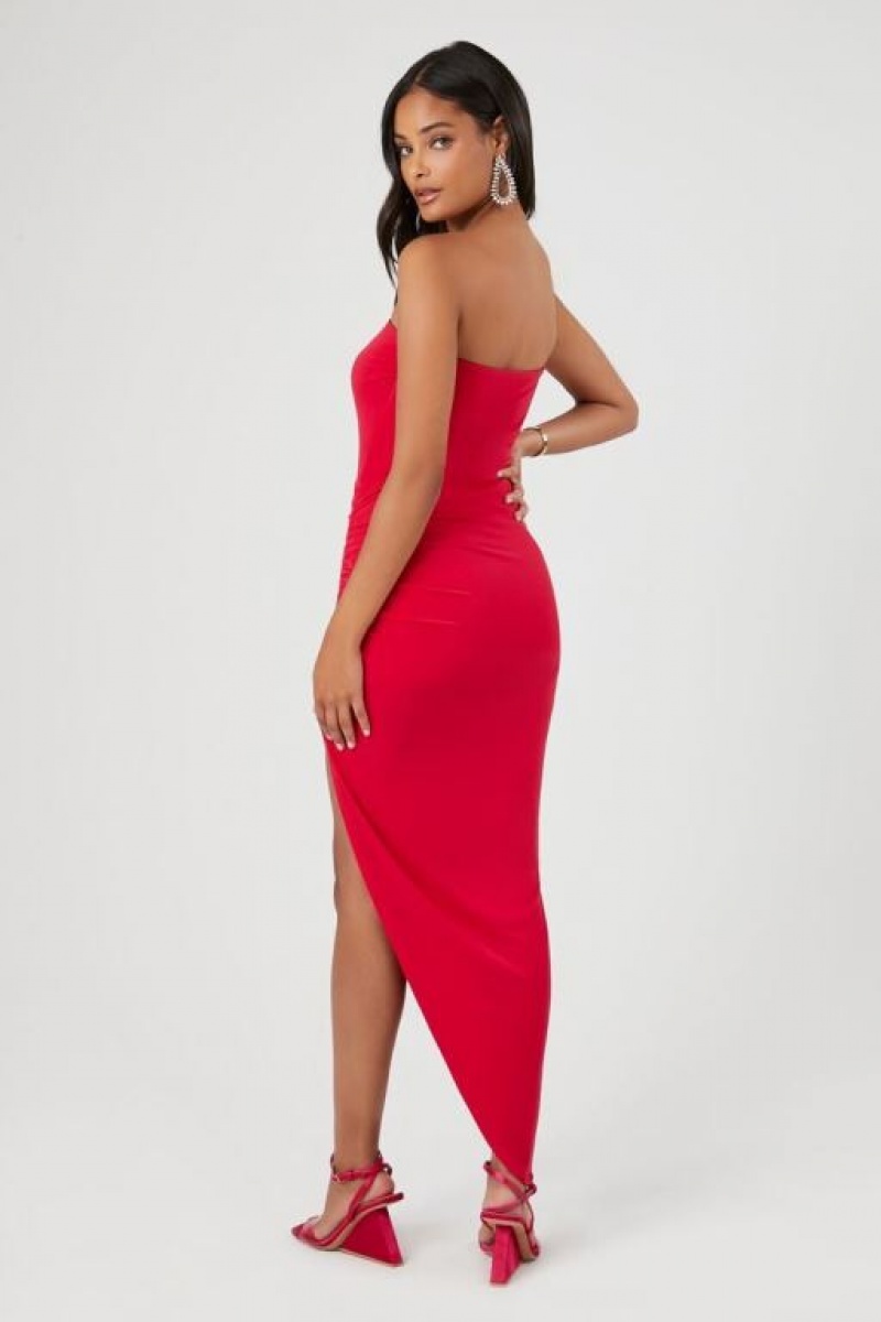 Vestido Forever 21 Strapless Ruched Midi Mujer Watermelon | TBKT4flnaCU