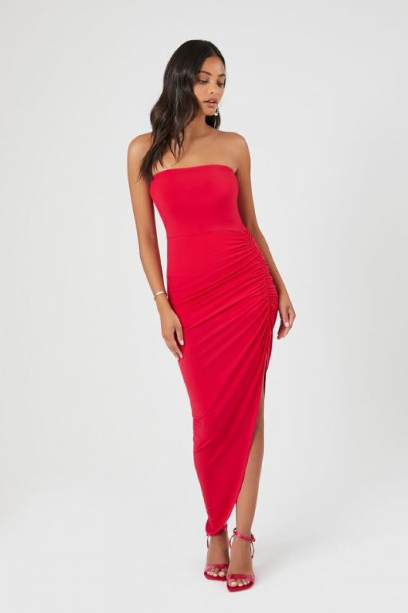 Vestido Forever 21 Strapless Ruched Midi Mujer Watermelon | TBKT4flnaCU