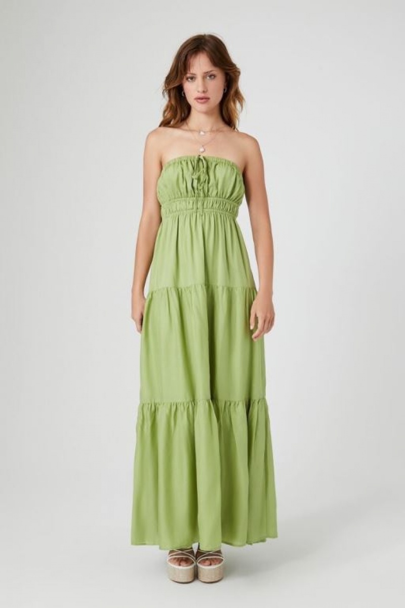 Vestido Forever 21 Strapless Tiered Maxi Mujer Verde Oliva | 232PwLt5dTh