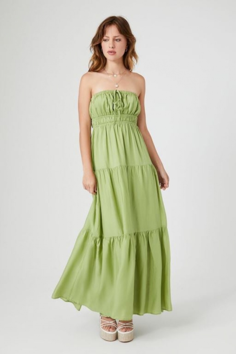 Vestido Forever 21 Strapless Tiered Maxi Mujer Verde Oliva | 232PwLt5dTh